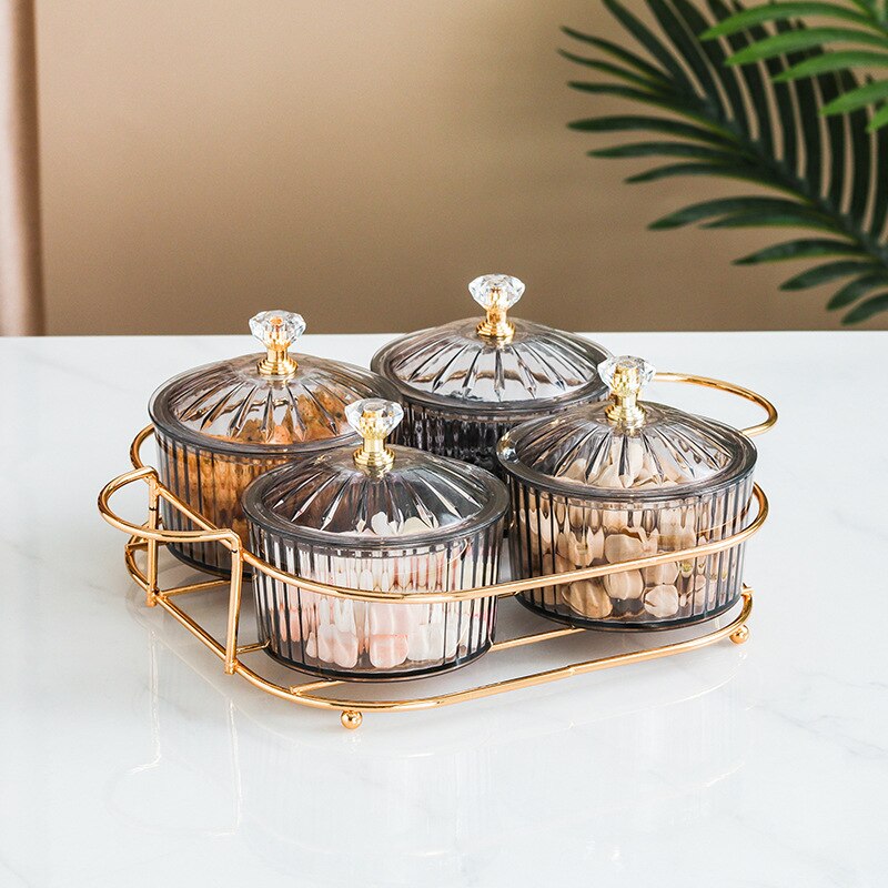 Platos de postre, bandeja de Metal para decoración con tapa, platos redondos de frutas secas, bandejas para servir alimentos con cubierta, Bol de frutas y aperitivos: Gray 4 grid