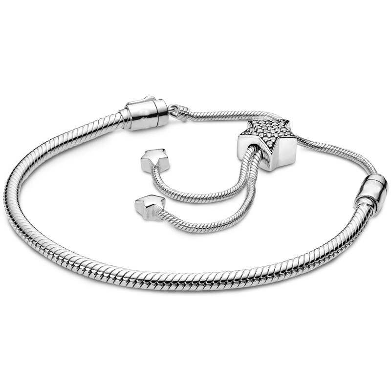 Pavimenta cuore e stella stringa di perline chiusura scorrevole regola il braccialetto misura moda 925 Sterling Silver Bangle Bead Charm gioielli fai da te: 15