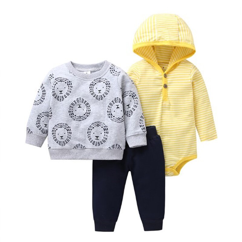3 stk sæt baby drenge piger tegneserie t-shirt langærmede bodysuit print bukser pp bomuld nyfødt stribet tøj sæt: 19b / 6m