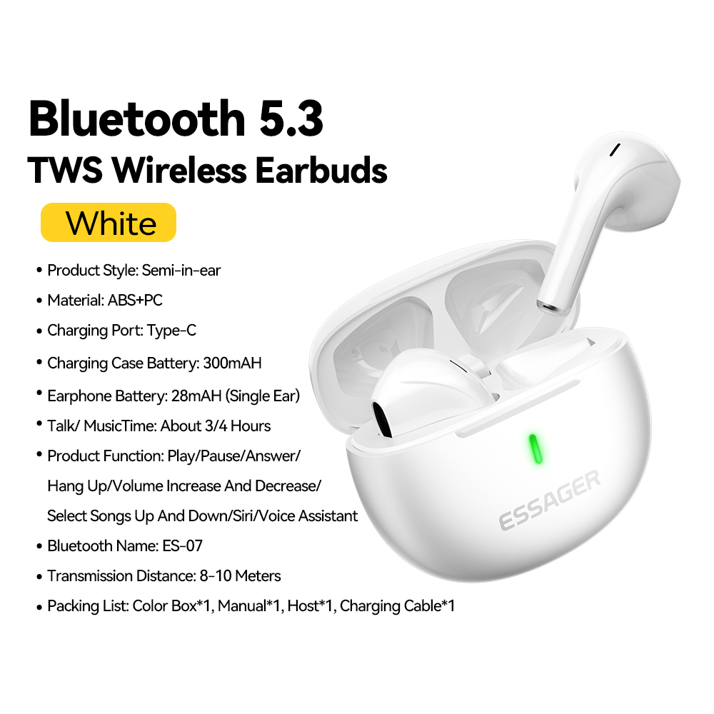 Essager Wireless Bluetooth 5,3 Kopfhörer Tws Ohrhörer Mini Headsets mit Lade koffer Mikrofon Semi-In-Ear-Ohrhörer für alle Telefone: WHITE