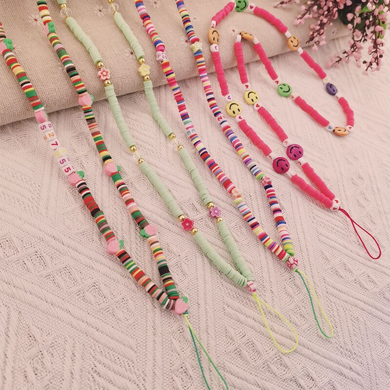 Long Flower Soft Circle Beaded Lanyard Anti-Lost Lanyard Trendy Crystal Stone Beads Mobile Phone Chain for Girls Cellphone Strap