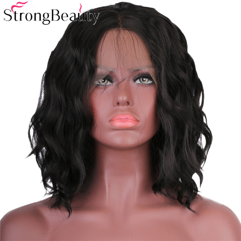 StrongBeauty Synthetische Lace Front Pruik met Baby Haar Natuurlijke Golf Zwarte Pruiken Lang Haar voor Vrouwen 12 inches