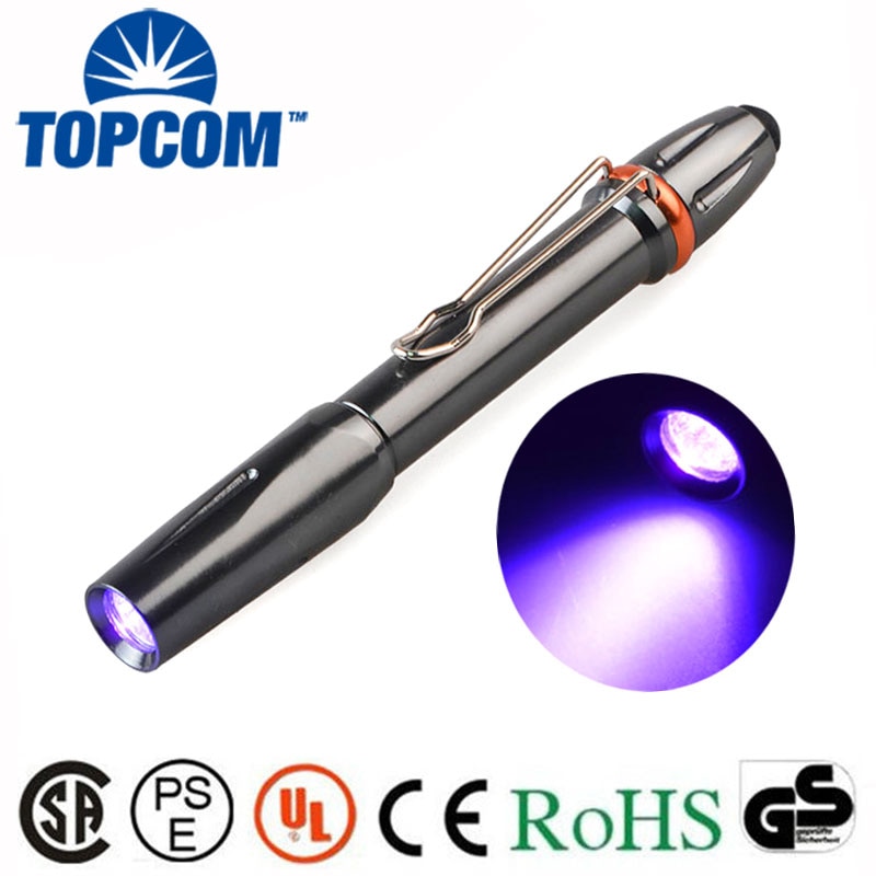 Topcom 365nm 395nm uv ledet ultrafiolett 5w penn lommelykt lommelykt lommelykt 365nm uv ultrafiolett pennlys identifisering,detektiv,lim
