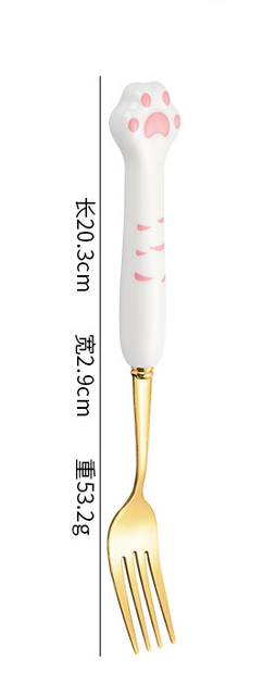 Cute cat claw ceramic 304 stainless steel tableware spoon fork chopsticks cute cartoon spoon gold spoon fork: white gold fork