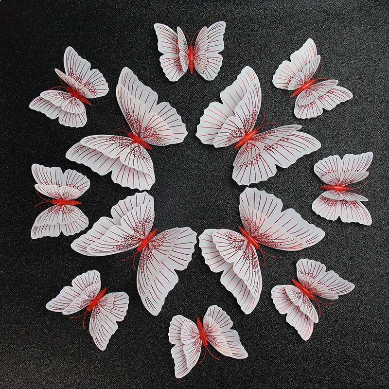 Autocollant mural papillon 3D Double couche, 12 pièces, pour la décoration de la maison, aimant pour réfrigérateur, colle gratuite: Red