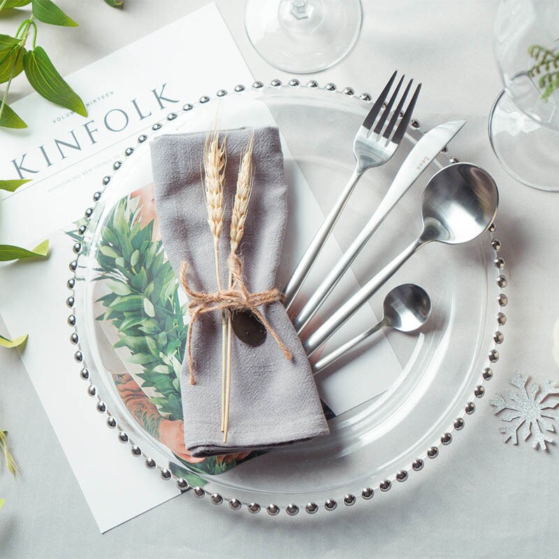 Transparent Tray Knife Fork Spoon Delicate Tableware Set Luxury Pearl Decorative Flat Glass Plate Dinnerware 5pcs/set: Silver set