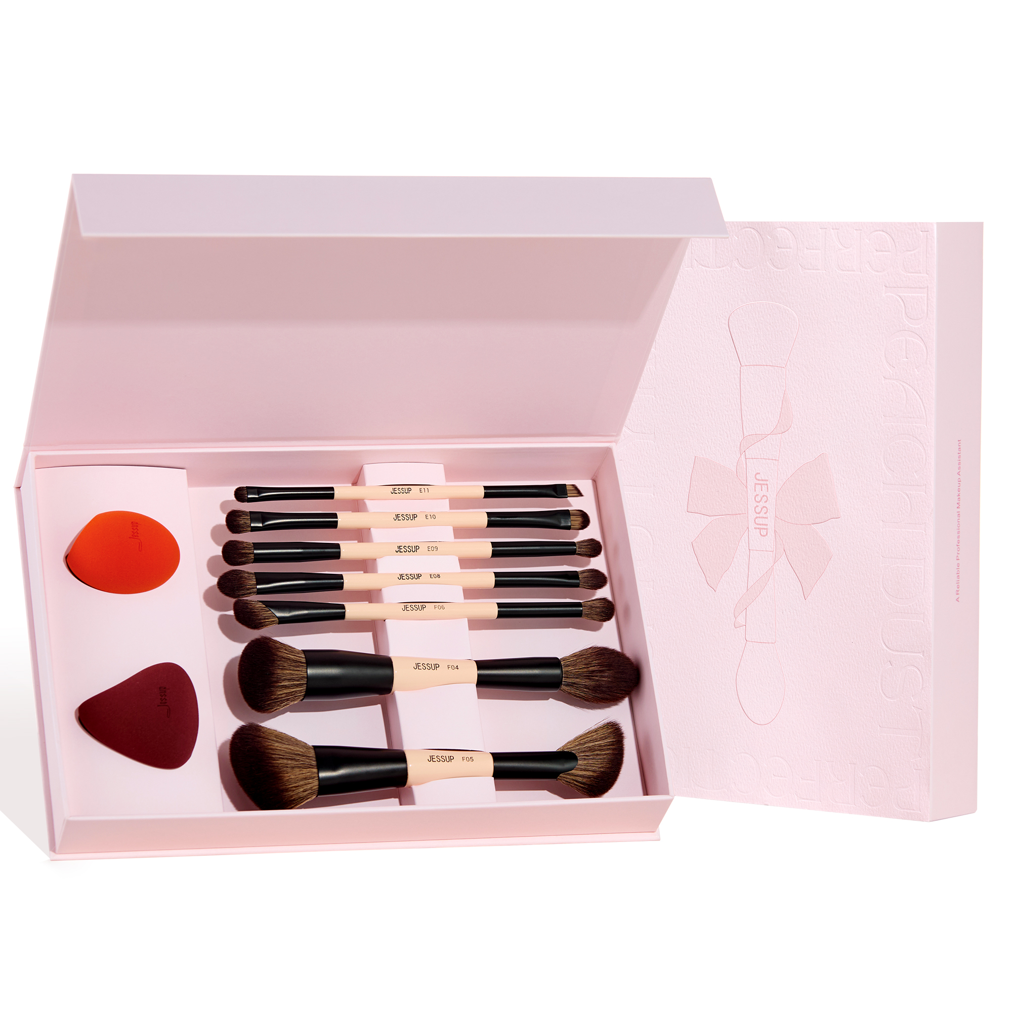 Jessup make-upborstelset met make-upspons, 3/7 stuks dubbelzijdige make-upborstel foundation blush oogschaduw met geschenkdoos: Roze