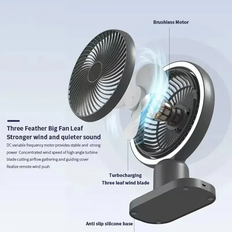 Tragbarer kabelloser Ventilator mit Nachtlicht 120 ° Rotation leiser Mini-Elektroventilator, wiederaufladbare USB-Ventilatoren für Desktop-Büro und Zuhause