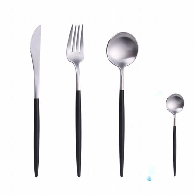 4 Pieces Gold Matte Cutlery Set Dinnerware Set Stainless Steel Green Flatware Set Tableware Knife Spoon Teaspoon Kitchen Set: Black Silver 4pcs