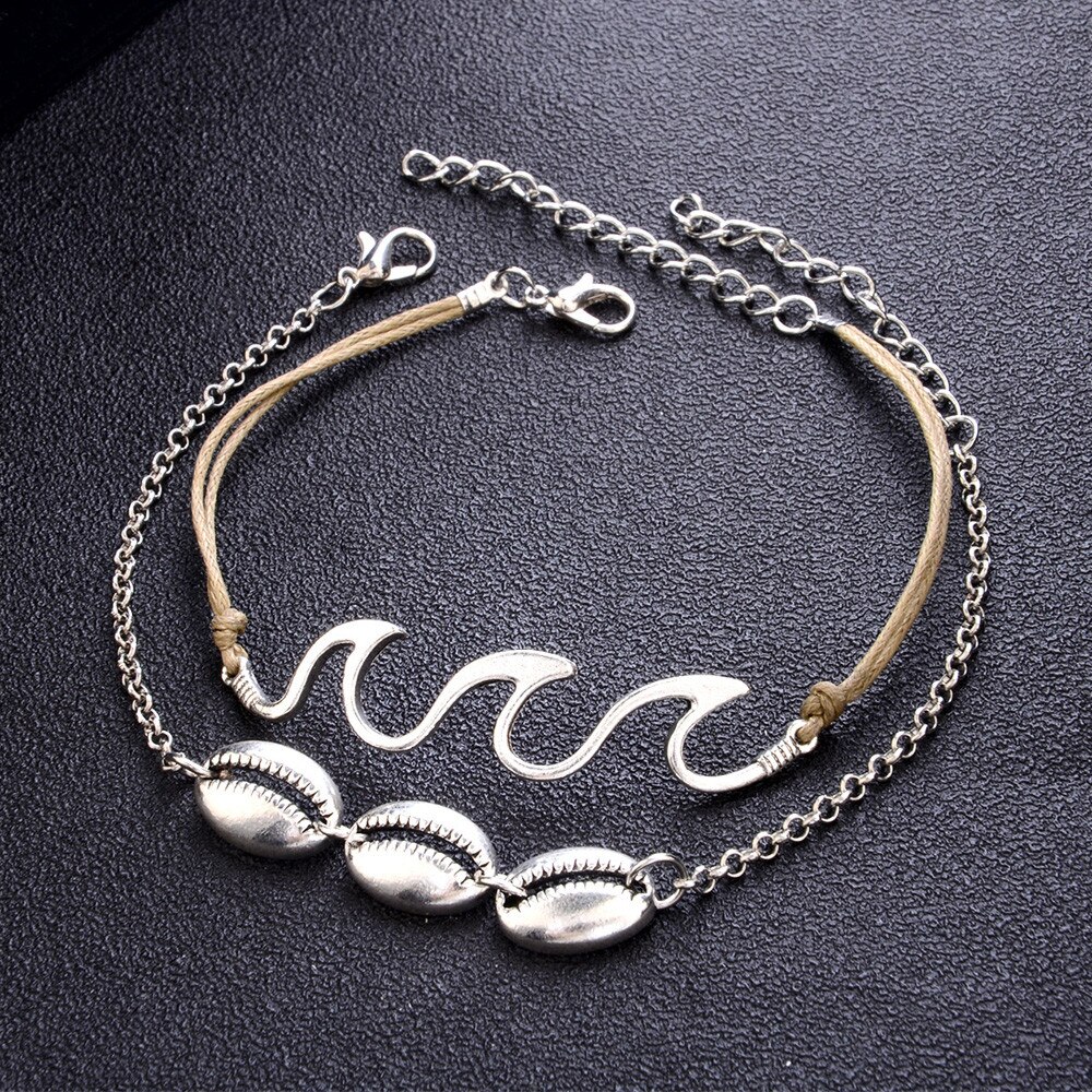 2PC Bohemia Wave Anklets Alloy Bracelets for Women Rope Beach Anklet Jewelry Ankle Bracelet Women