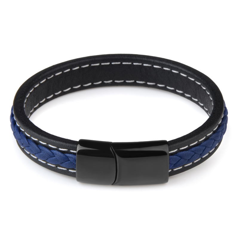 Stainless Steel Leather Bracelet Magnetic Clasp Charm Handmade Braided Accessories For Men: Blue / 22cm