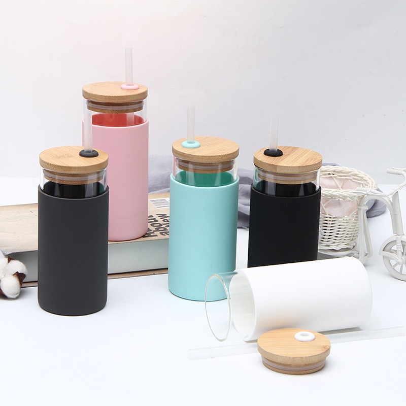 550ml bambu lock glas vatten te tumblers glasflaska med silikon hylsa te kaffe dricksflaska med sugrör