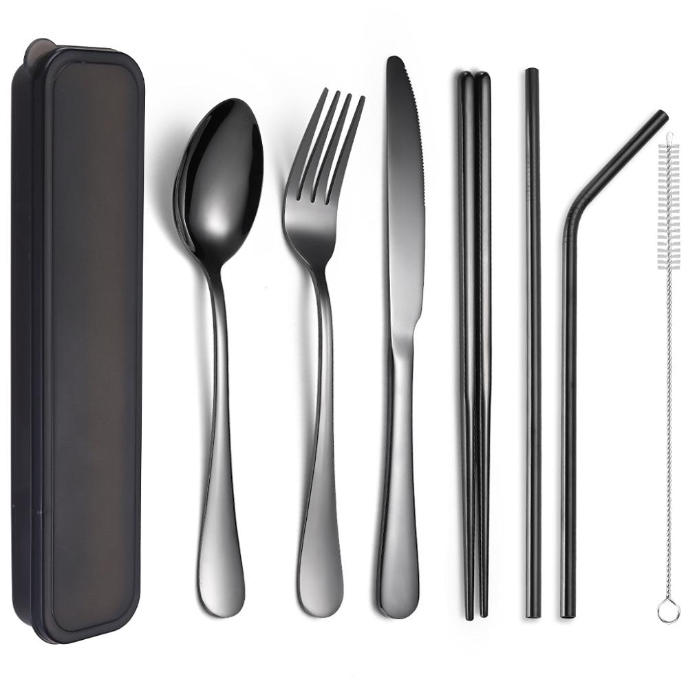 Food Grade 304 Stainless Steel Cutlery Set Silverware with Metal Straw Knife Fork Spoon Chopsticks 8Pcs Portable Travel Flatware