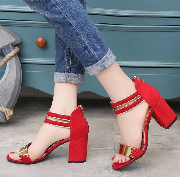 Ladies Ankle-Wrap Shoes Summer Gladiator Sandals Women Square heel Sandals Party Wedding Shoes Bling Bling Ladies Sandals: Red / 5