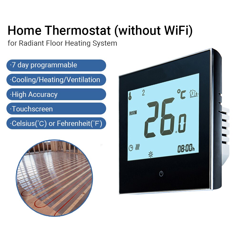 KKMOON-termostato programable inteligente con pantalla táctil, sistema de calefacción con WiFi para suelo radiante, con aplicación y Control por voz: Without Wifi Black