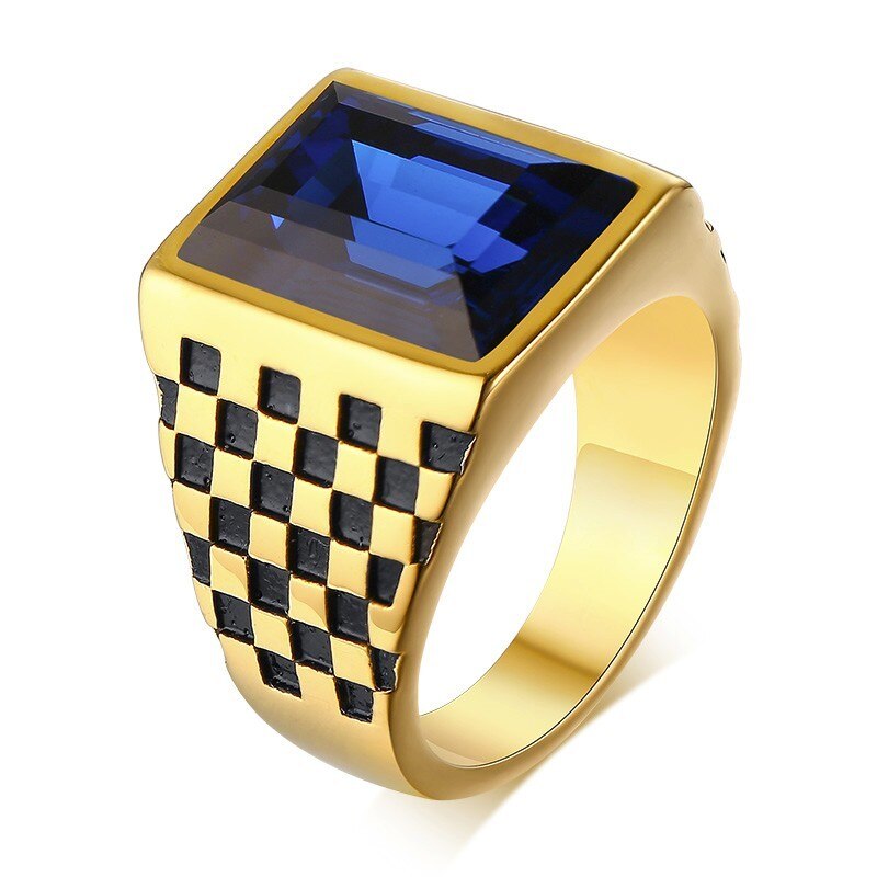 Chevalière homme motif damier ton or et coupe bleu CZ acier inoxydable Rectangle Royal bijoux: 7 / Style 2