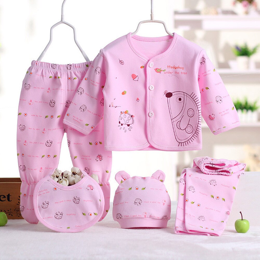 5Pcs Pasgeboren Baby Unisex Kleding Zacht Katoen Set Baby Jongen Meisje Cartoon Lange Mouwen Tops + Hoed + Broek + Bib Outfit Set Zachte Kleding