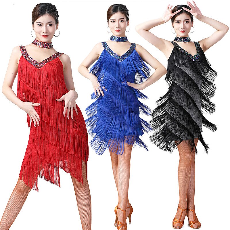 Ladies Party Ballroom Latin Tango Salsa Dance Dress Fringes Tassels Dress Women Festival Costumes 9 Color