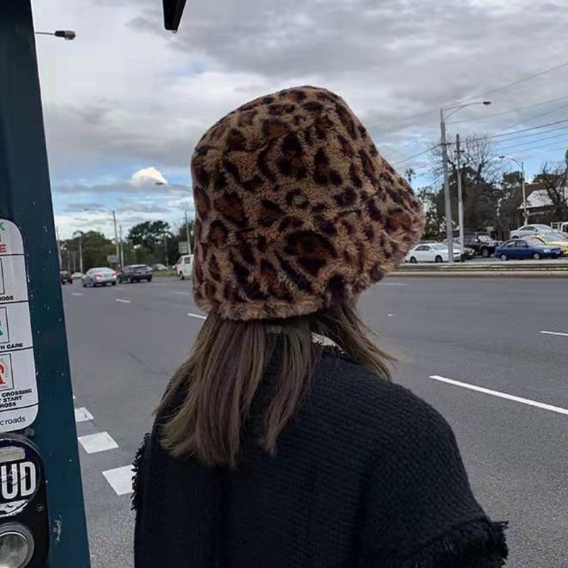 Korea Herfst Winter Vintage Luipaard Pluche Emmer Cap Japanse Zoete En Mooie Visser Hoed Warme Gewatteerde Bekken Cap 56 -58 Cm