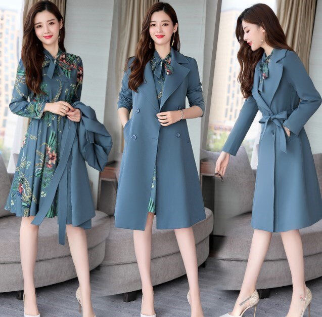 Frühling Herbst Damen Kleid Anzüge Für Büro Tragen Lange Graben Mantel Und Knie Länge Kleid 2 Stück Set Frauen Formale kleider Anzug: Blue / M