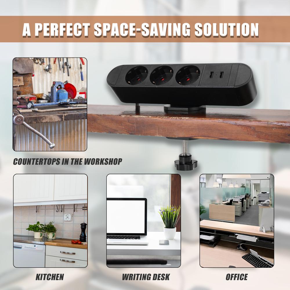 Multifunctional USB Desktop Socket Table Clip Clamp Free Hole Tabletop Office Workstation Sockets
