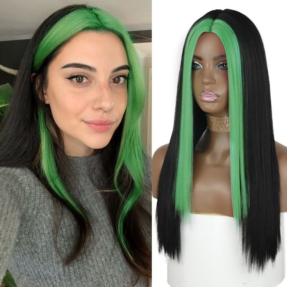 Azqueen zwarte roze lange rechte pruik voor meisjes, roze haar aan beide kanten, middenscheiding, hittebestendige rechte cosplaypruik voor vrouwen: 2052-1b-1857
