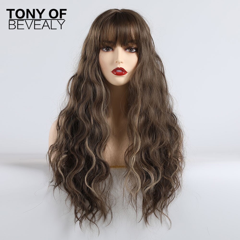 Pelucas de pelo Afro Natural ondulado largo sintético con flequillo para mujeres negras, pelucas onduladas marrones grises y grises con flequillo, fibra resistente al calor