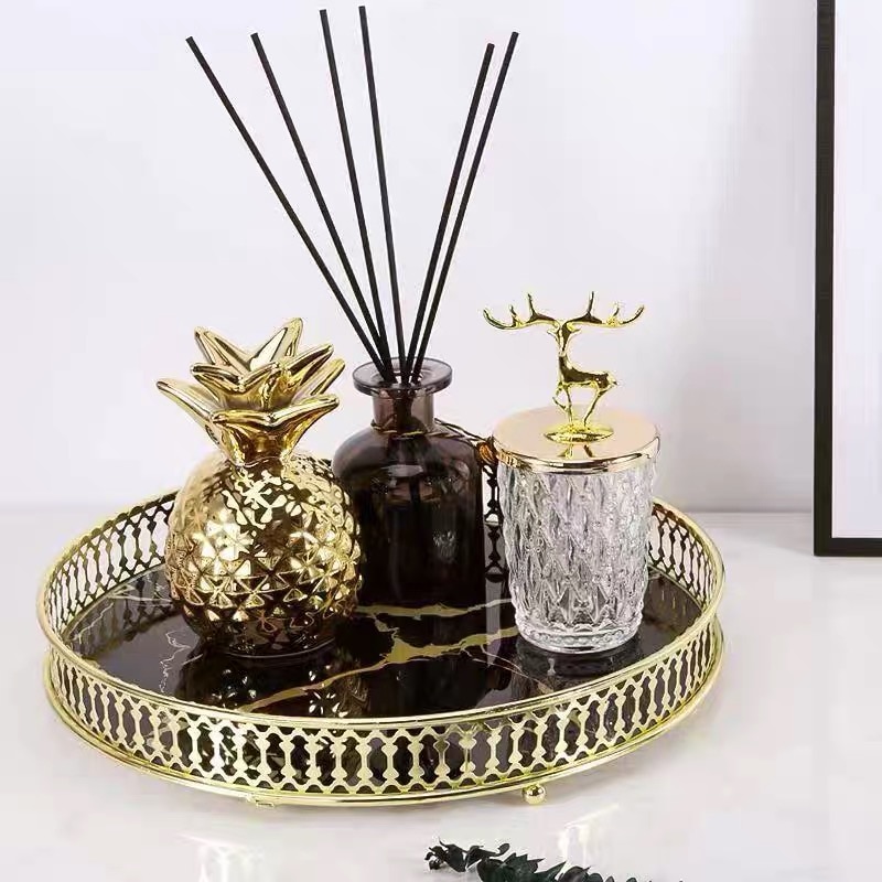 Shiny gold plated Round Serving Tray Jewelry Storage Luxury Marble Home Decoration Organizer Display