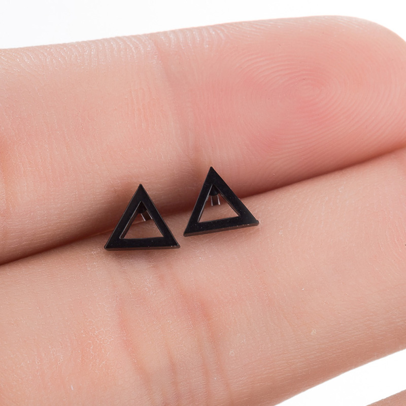 Pendientes sencillos de triángulo abierto Unisex, joyería delicada de acero inoxidable Punk Rock, con cierre de tuerca, geometría, triángulo de la muerte: Blanco / Rodio plateado