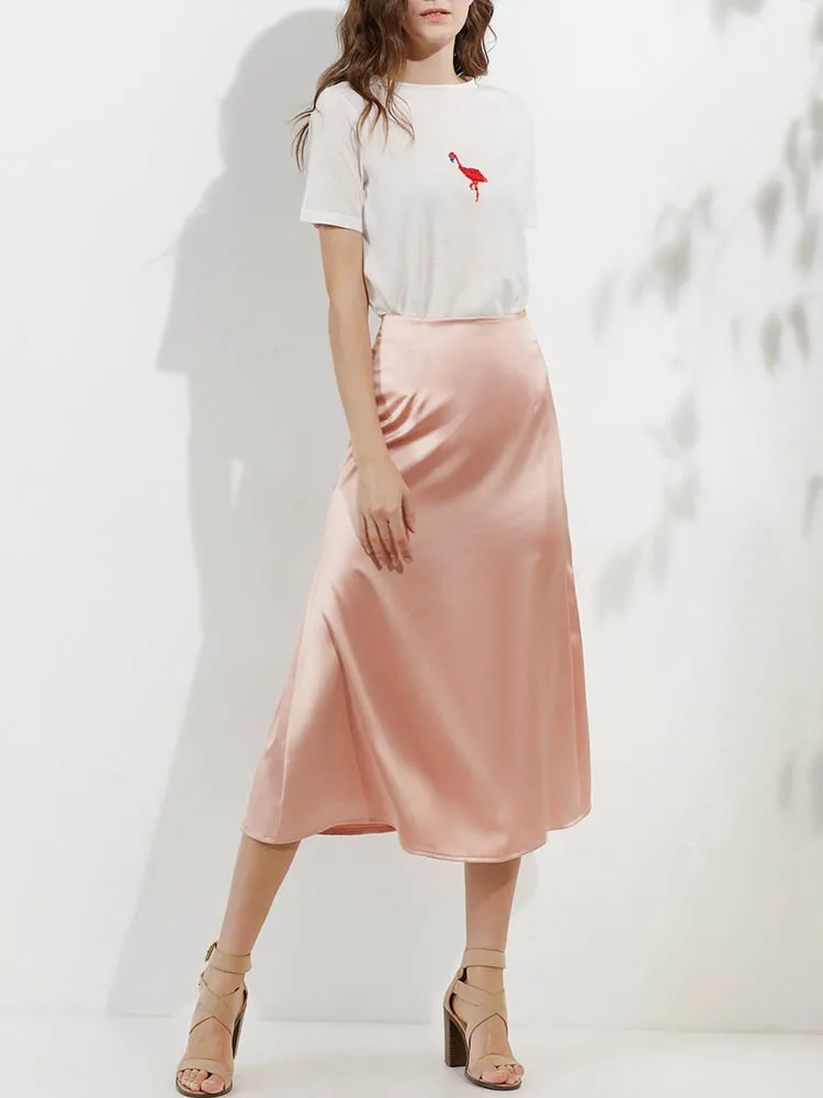 Silke satin nederdele til kvinder højtaljet nederdel kvinder a-linje nederdele sommer pink midi nederdel koreansk stil: L / Beige