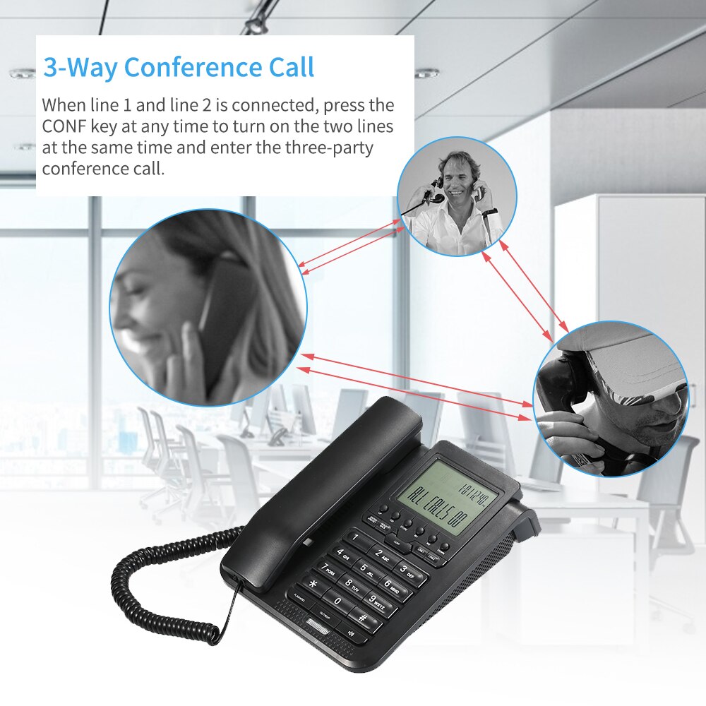 2-Line Digital Corded Telephone Desk Landline Phone with LCD Display Support 3-Way Conference Call for Hotel Office Business