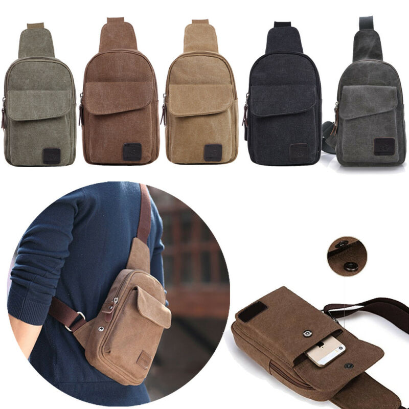 Mannen Kleine Borst Sling Bag Reizen Wandelen Cross Body Messenger Schouder Effen Canvas Heuptas
