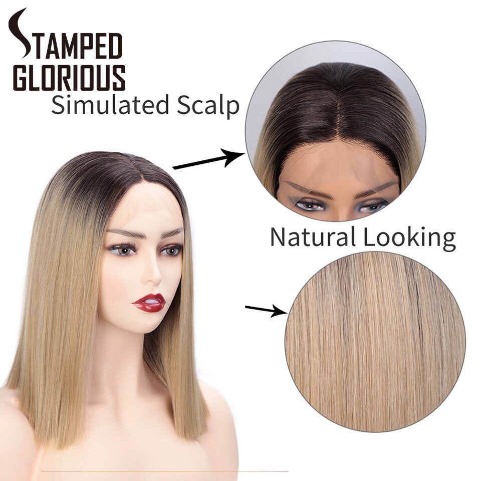 Stamped Glorious Ombre Blonde Lace Front Pruik Korte Rechte Synthetische Pruiken Voor Vrouwen Midden Divisie Haarlijn Hittebestendige