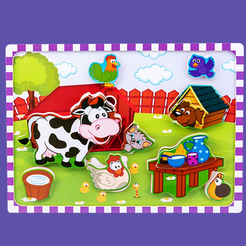 3D cartoon illustration Wooden stereo Velcro stickers jigsaw puzzle 3D sensory toys for girls and boy