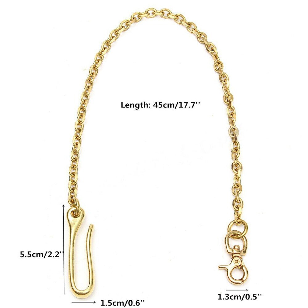17.7" Solid Brass Fob Clip Waist chain with 2 hooks Trousers Jeans Wallet Men Belt Pants Keychain Metal Snap Hook DIY Accessory