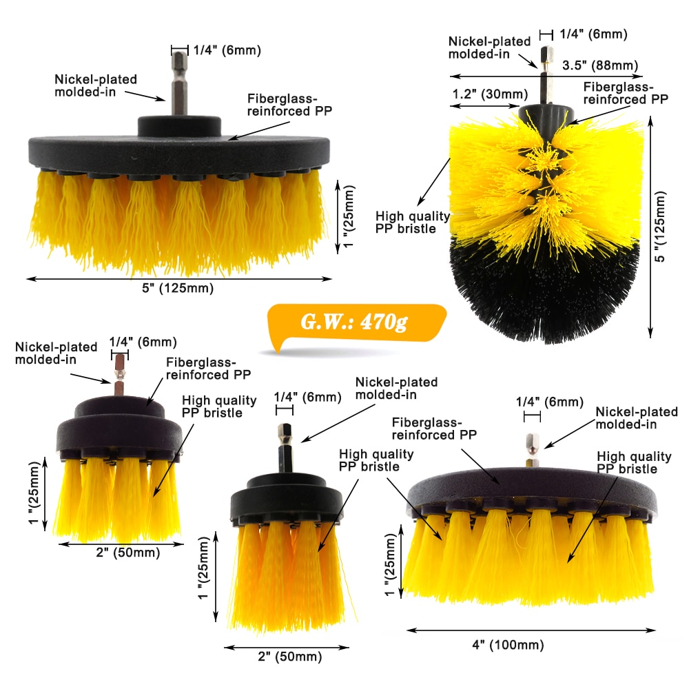 Cepillo de taladro eléctrico limpiador eléctrico amarillo de 2/3, 5/4/5 pulgadas, cerdas de dureza media, limpieza de ducha y baño, sin arañazos, 1 Uds.