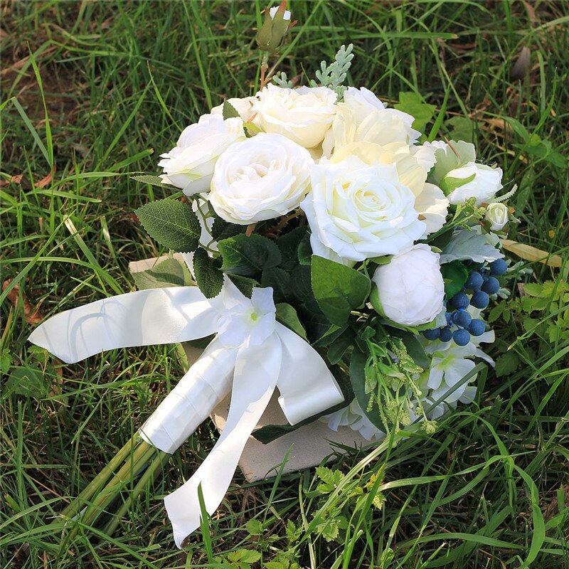 Rose Bridal Bloemen Kunstmatige Bruidsboeketten voor Bruiden Casamen Lint Bruiloft Bloemen Broche Boeketten Boeket De Mariage