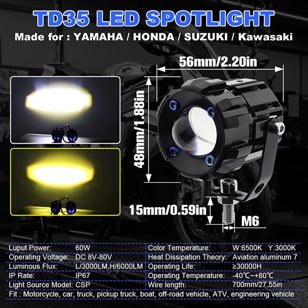 60W Led Motorfiets Verlichting Dual Kleur Hi/Lo Beam Spotlight Mini Lens Auto Koplamp Mistlamp Voor truck Suv 4WD 4X4 Boot Atv