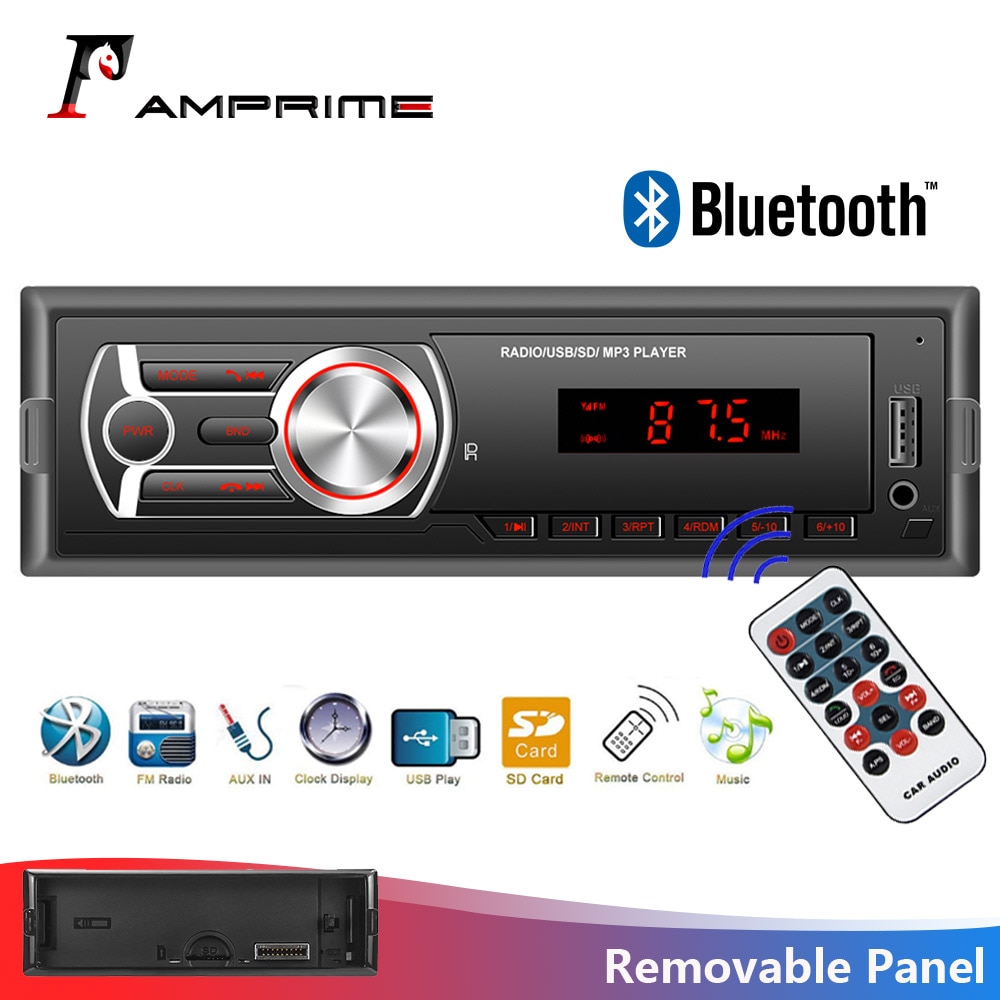 AMPrime Car Radio 1din Car Auto Audio Stereo Bluetooth Autoradio FM/AUX/TF/USB With Rear view Camera Steering Wheel Control