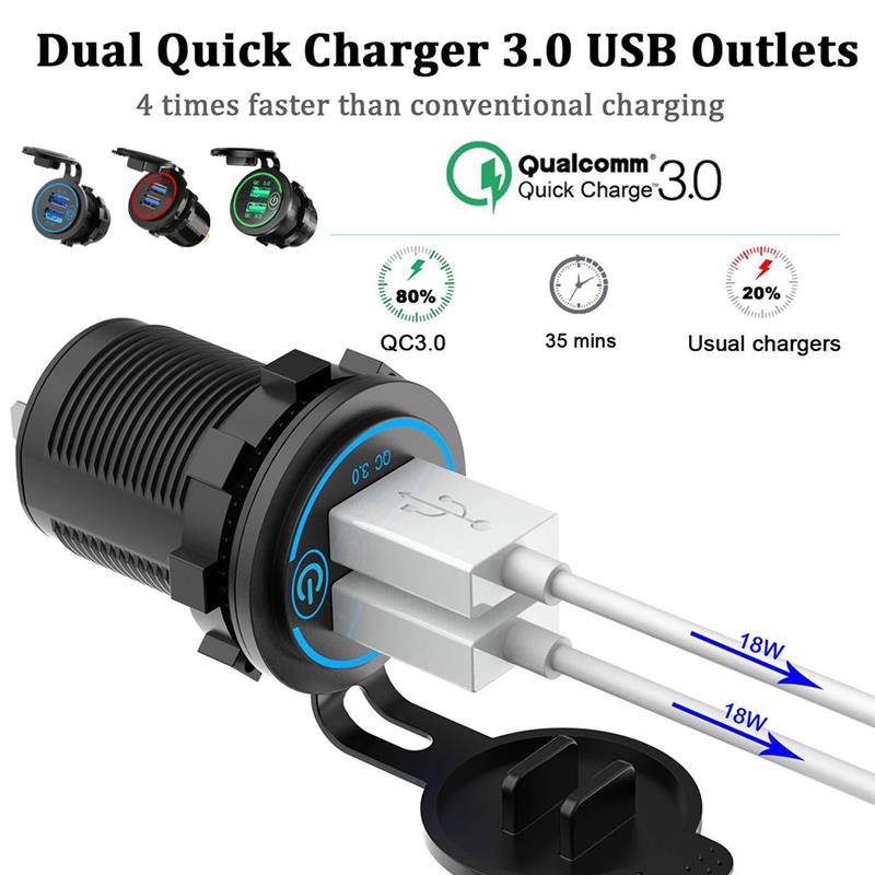 12V-24V USB Outlet Dual USB Car Charger Waterproof Cigarette Lighter Socket Mount Power Adapter 5V 3.1A for Car Marine Boat D5