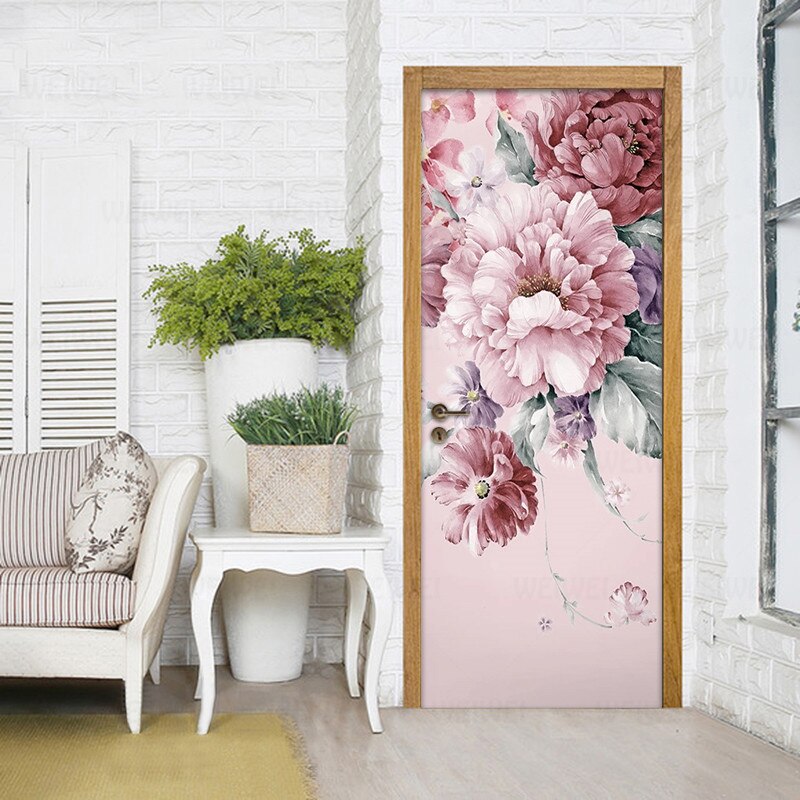 Pastorale Bloemen Bloemen Deur Sticker Muurschildering Creatieve Diy Zelfklevende Muurstickers Behang Woonkamer Slaapkamer Deur Decoratie