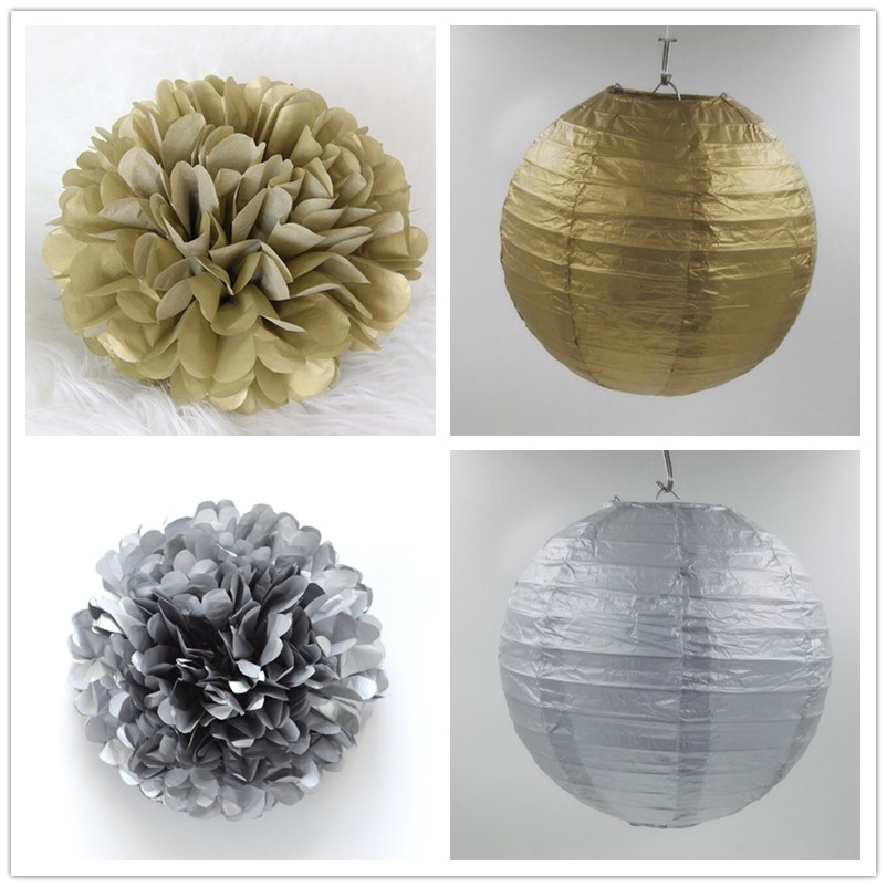 4/6/8/10/12/14Inch Goud/Zilver Papier Lantaarns/Papier Pompom verjaardag Bruiloft Decor Ambachtelijke Diy Lampion Opknoping Feestartikelen: 10inch 25cm / mixed 4pcs