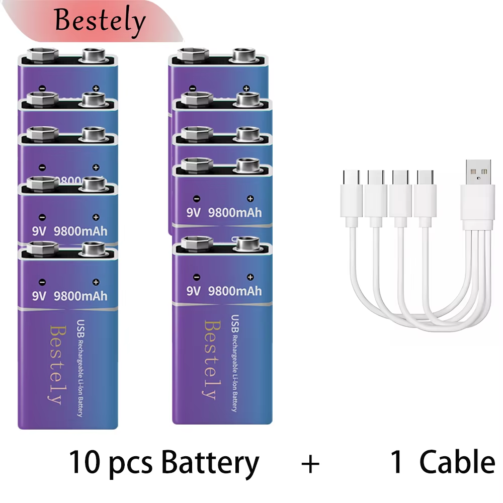 9V oplaadbare lithiumbatterij, 9800mAh langdurige 9v Li-ionbatterijen met kabel, voor rookmelder, alarmen, microfoon: Sky Blue