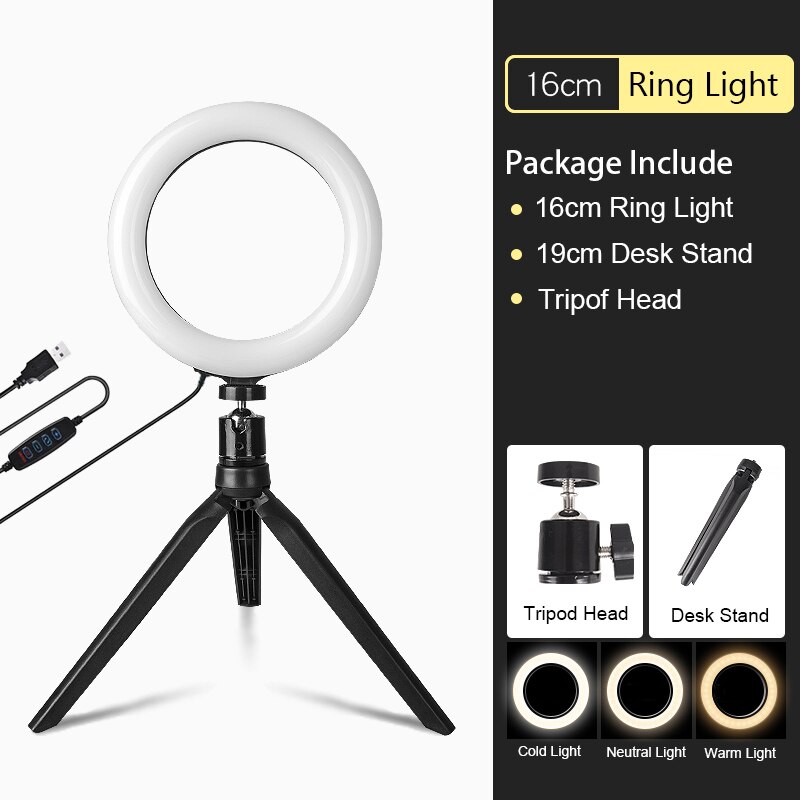 26cm led selfie fotografia luz para 10 ao vivo Polegada pode ser escurecido usb plug mesa anel luz tripés estúdio makeup16cm 20cm 32cm: 16CM Desk Light