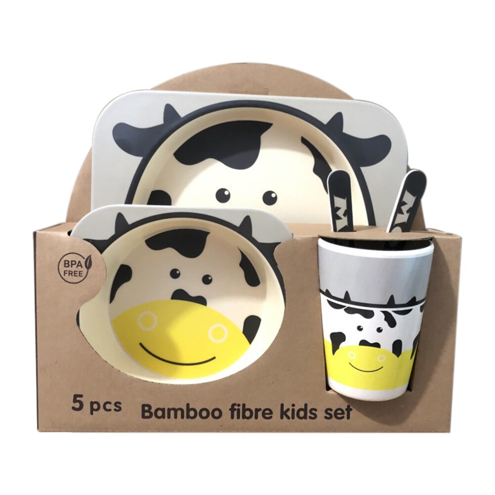 5 stk børn fad baby bordservice sæt ske servise kop plade skål gafler udendørs bambus fiber bærbar picnic sød tegneserie: Sort ko