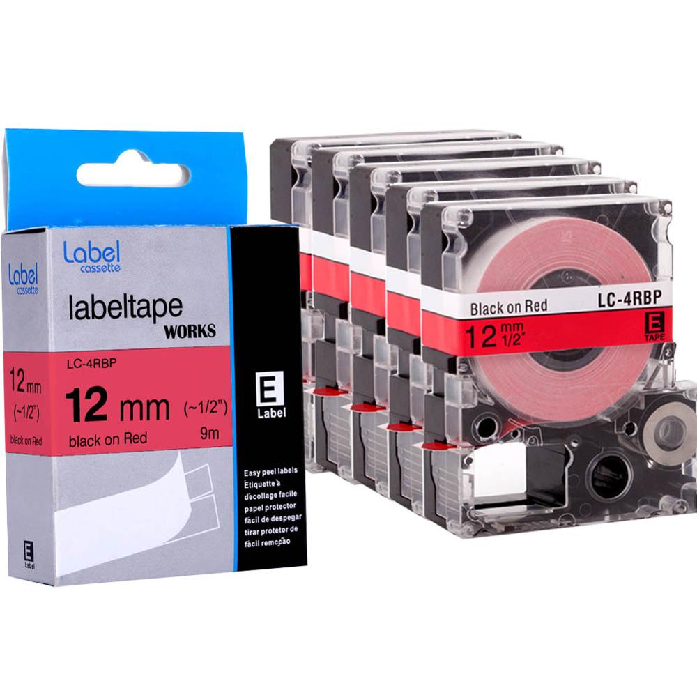 CIDY 5pcs 12mm Black on White LC 4WBN LC4WBN LC-4WBN9 /SS12KW Label Ribbon Cassette for Epson label printer LW-300 LW-400 SR150: black on red