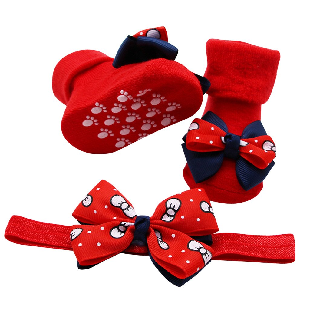 Baby Infant Girls Socks +1PC Hair Belt Toddler Girls Bow Wave Point Anti-slip Socks Cute Baby Socks Newborn #1021