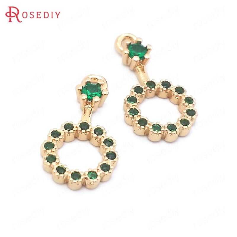 (38539)10PCS 8x15MM 24K Oro Champagne di Colore Ottone e Zircone Tondo Pendenti E Ciondoli Pendenti Con Gemme E Perle di Gioielli di Alta Qualità realizzazione di Accessori: Green