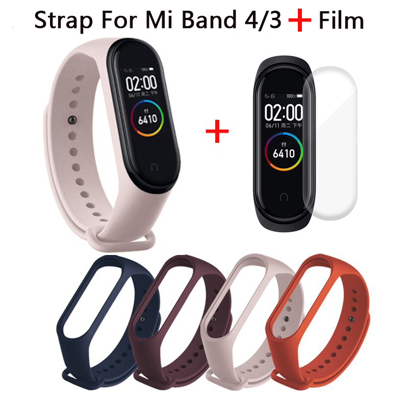 Strap For Xiaomi Mi Band 4 Strap Band 4 Wristband Strap Pink Wine Red Silicone Bracelet Xiomi Miband 4 3 Band4 Protector Film