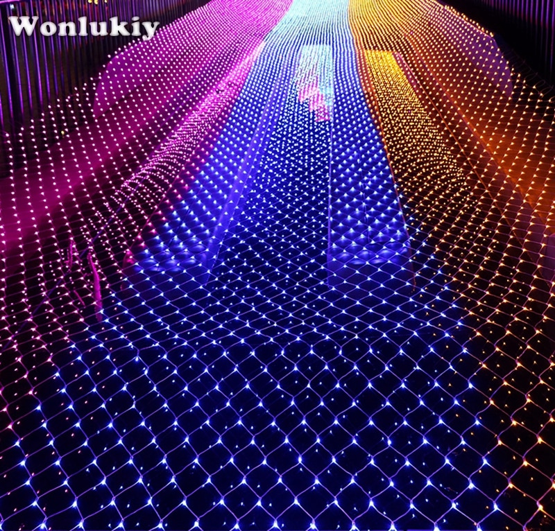Wonlukiy String Light 3M x 2M 204 LEDS Warm White Blue Multi-color Outdoor 110V/220V US/EU Plug Waterproof LED Net Light Weeding